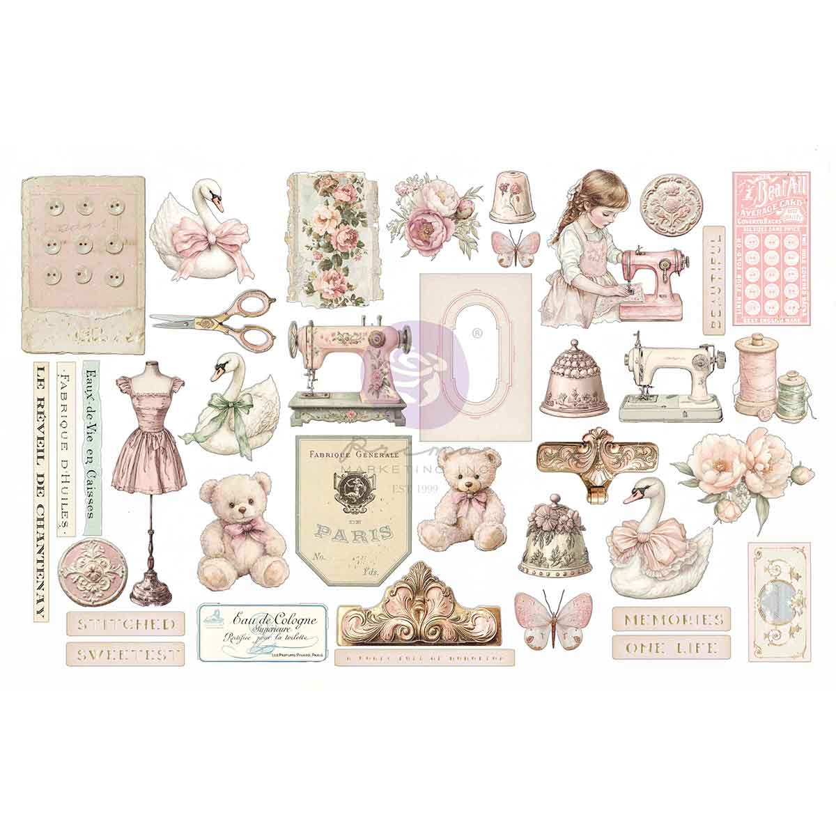 Prima Marketing - Buttons & Keepsakes Ephemera, Stitched Clippings 76pcs