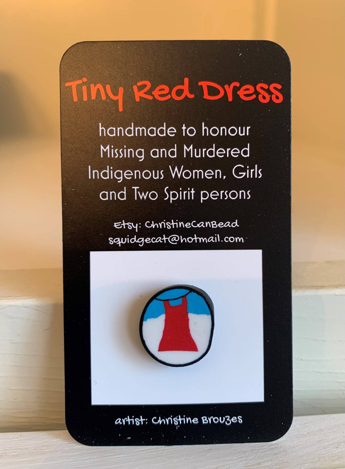 Colouring it Forward - Tiny Red Dress Ceramic pin - Indigenous handmade