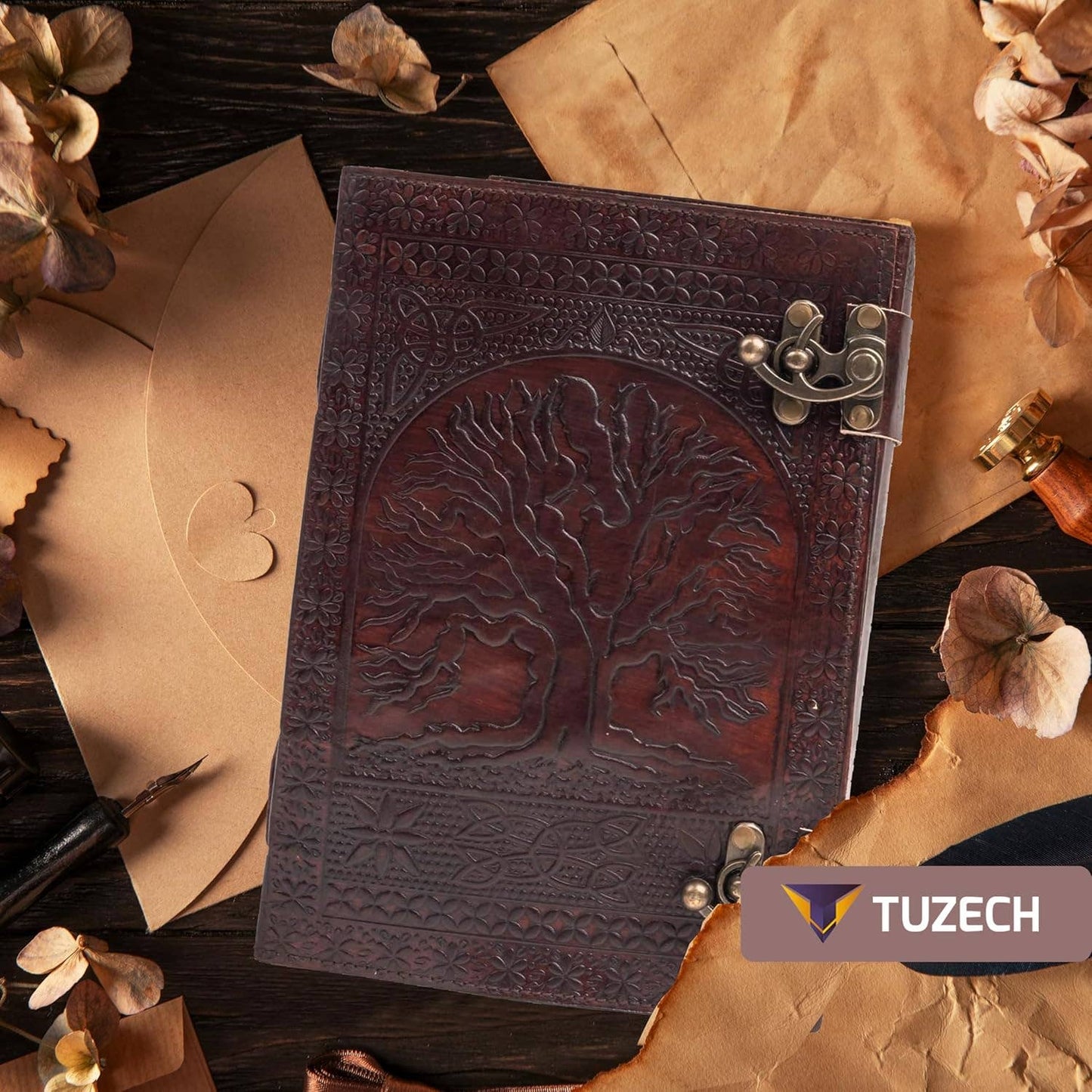 Tuzech 600 pages large tree of life journal | leather journal diary | embossed large tree of life notebook | writing leather notebook | handmade leather journal | leather grimoire | leather sketchbook 7 x 10 Thread Bound