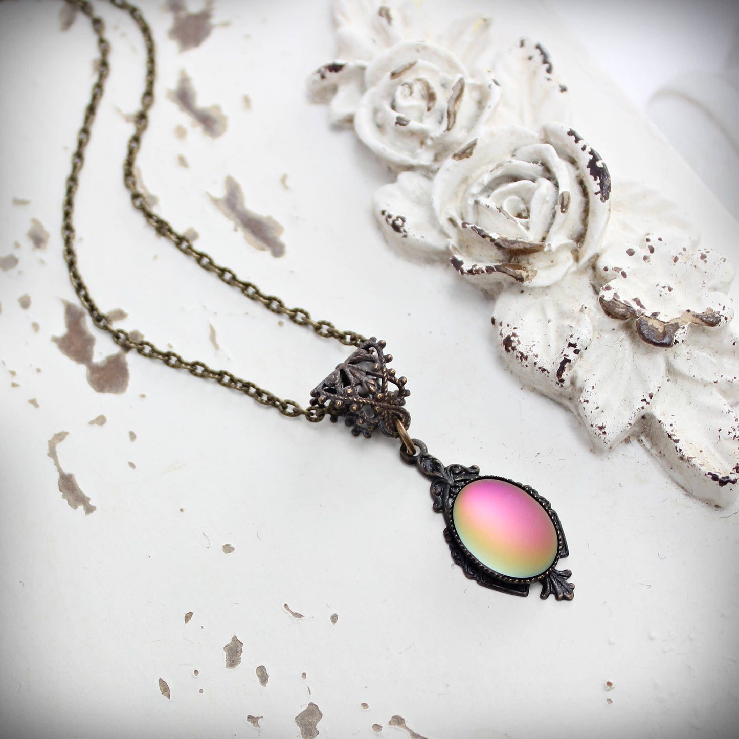 Circa 1890 - Lumina Frosted Watermelon Pink Glass Edwardian Necklace