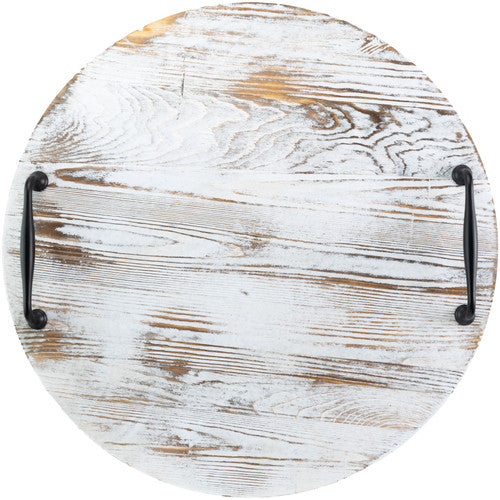 Whitewash Round Tray With Metal Handles