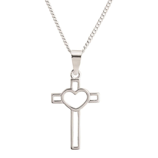 Cross with Heart Necklace Silver Plated 16" Chain