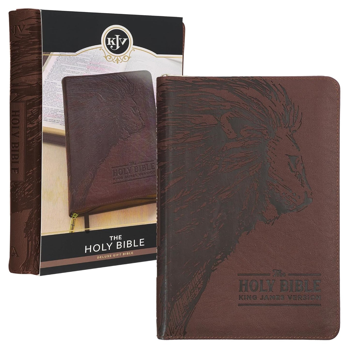 KJV Holy Bible - Brown Lion Zipper Closure