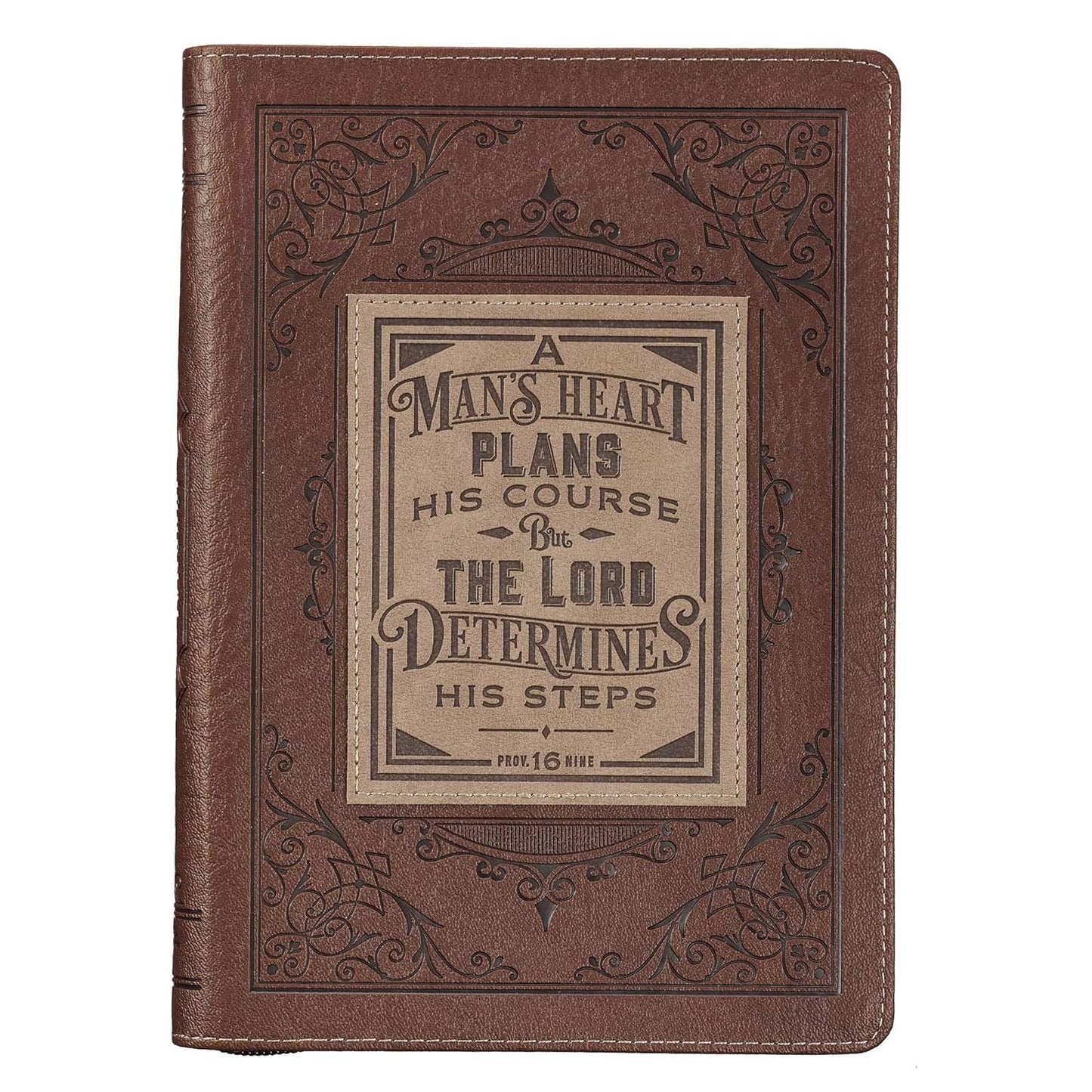 A Man's Heart Classic Faux Leather Zippered Journal in Brown - Proverbs 16:9