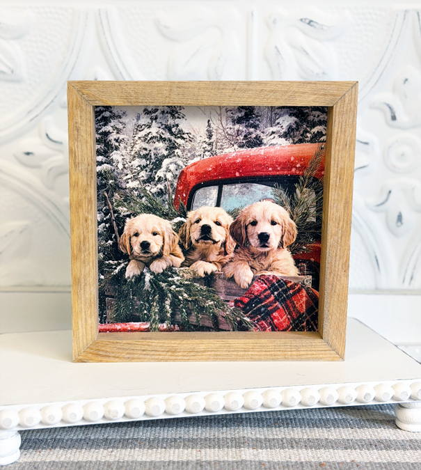 Three Golden Retrievers Print Stained Wooden Frame