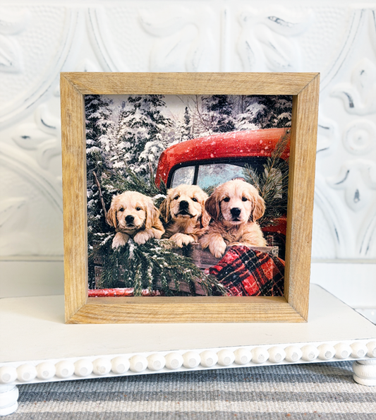 Three Golden Retrievers Print Stained Wooden Frame