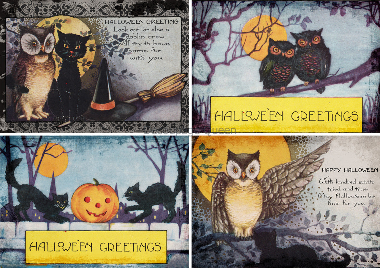 Decoupage Queen - Vellum Paper : Vintage Cats and Owls Halloween