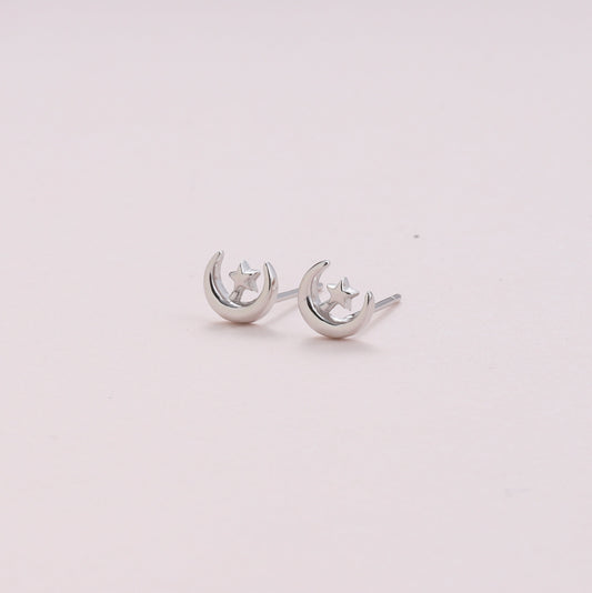 Love You Crescent Moon and Star Earring Silver