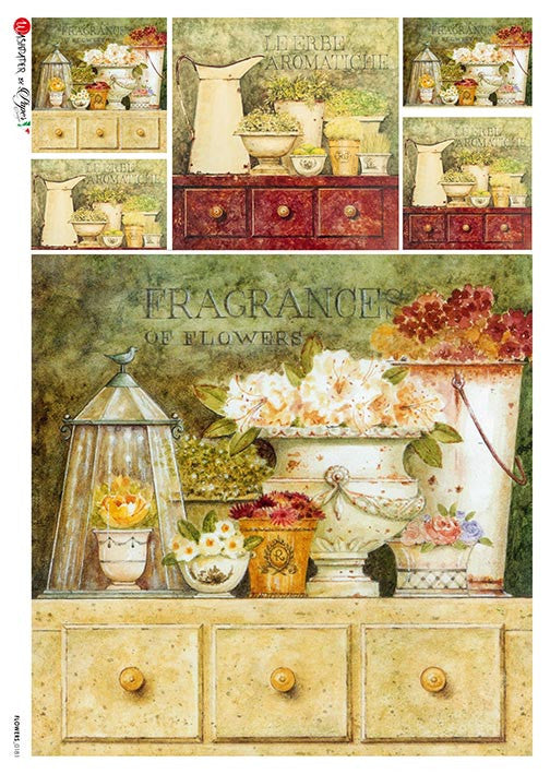 Paper Designs - Potted Flowers Urns Kitchen Scene A4 Rice Paper