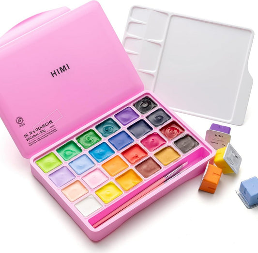 HIMI Jelly Cup Gouache Paint Set 30g x 24 Colours + 3 Brushes Pink Case