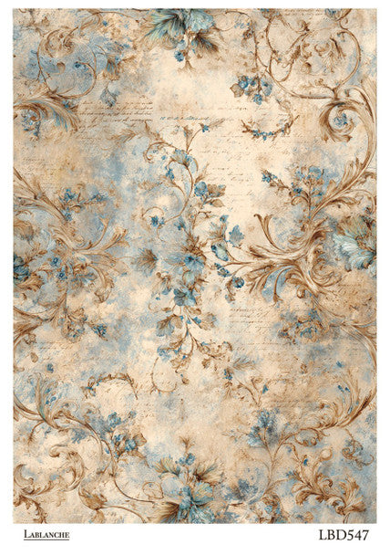 Lablanche - Vintage Blue & Gold Floral Scroll A4 Rice Paper