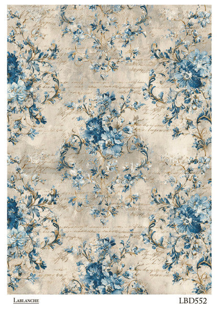 Lablanche - Distressed Blue Floral Pattern A4 Rice Paper