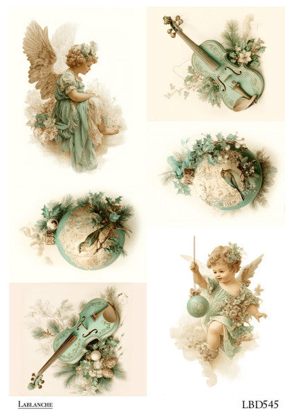 Lablanche - Teal Angels and Christmas Violins Vignettes A4 Rice Paper