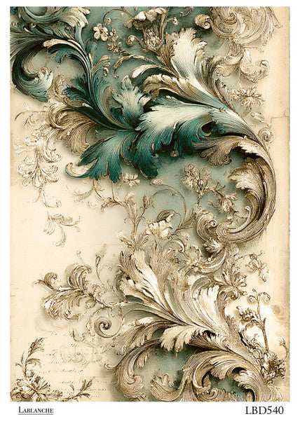 Lablanche - Teal and Gold Baroque Acanthus A4 Rice Paper