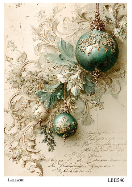 Lablanche - Teal and Gold Baroque Christmas Baubles A4 Rice Paper