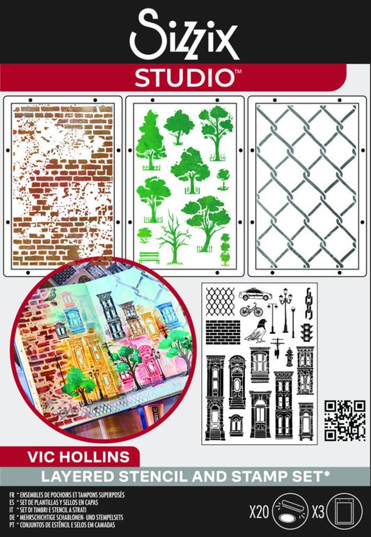 Sizzix Studio - Clear Stamps Set w/ Layering Stencils - City Life