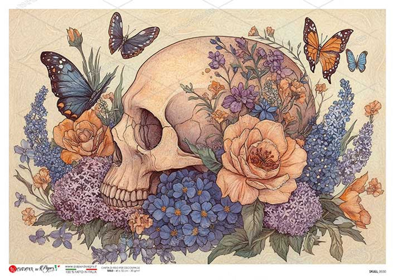 Paper Designs - Skull with Pansies and Butterflies A4 Rice Paper