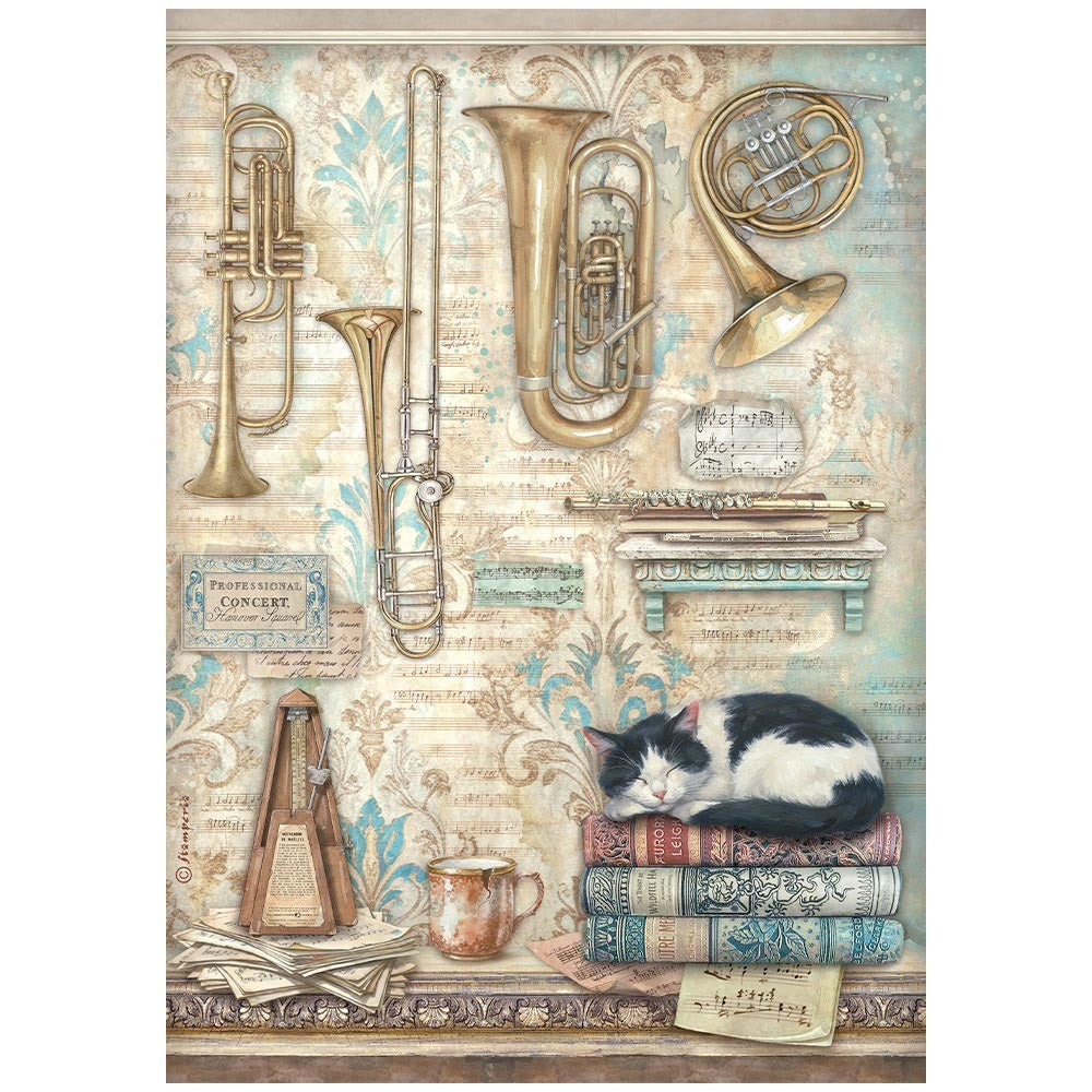 Stamperia A4 Rice Paper Trumpets and a Cat