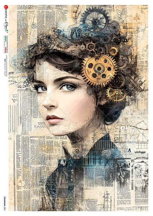 Paper Designs - Steampunk Lady on Ephemera A4 Rice Paper