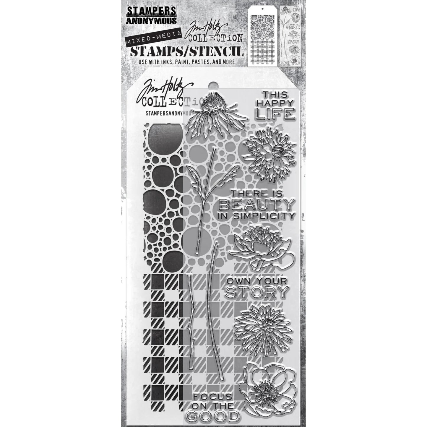 Stampers Anonymous - Tim Holtz - Clear Stamps & Stencil - Flower Garden, Bubbles and Gingham