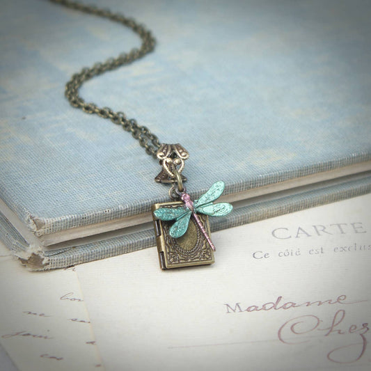 Circa 1890 - Frosty Green Dragonfly Miniature Locket Necklace