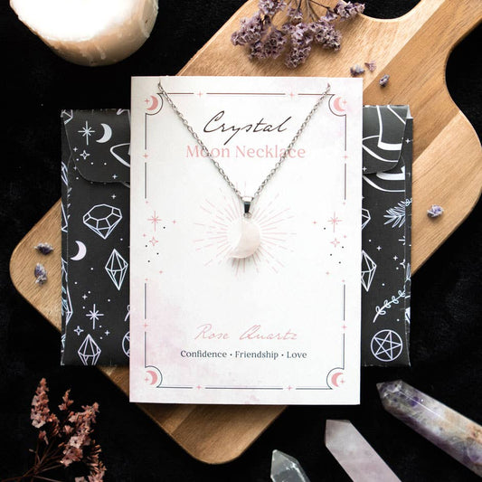 Something Different : Rose Quartz Crystal Moon Necklace on Greeting Card