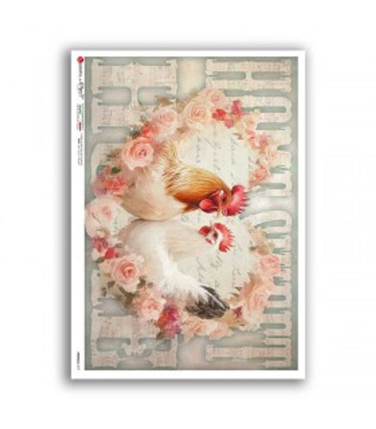Paper Designs - Rooster and Hen With Roses A1 Rice Paper