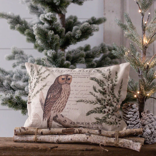 Vintage Woodland Winter Owl Pillow