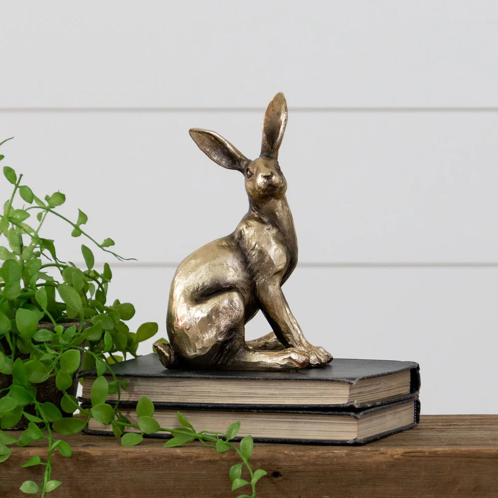 Sitting Brass Tone Rabbit Statue