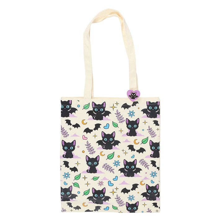 Something Different Wholesale Cute and Creepy Black Cat Print Polycotton Tote Bag with Enamel Pin