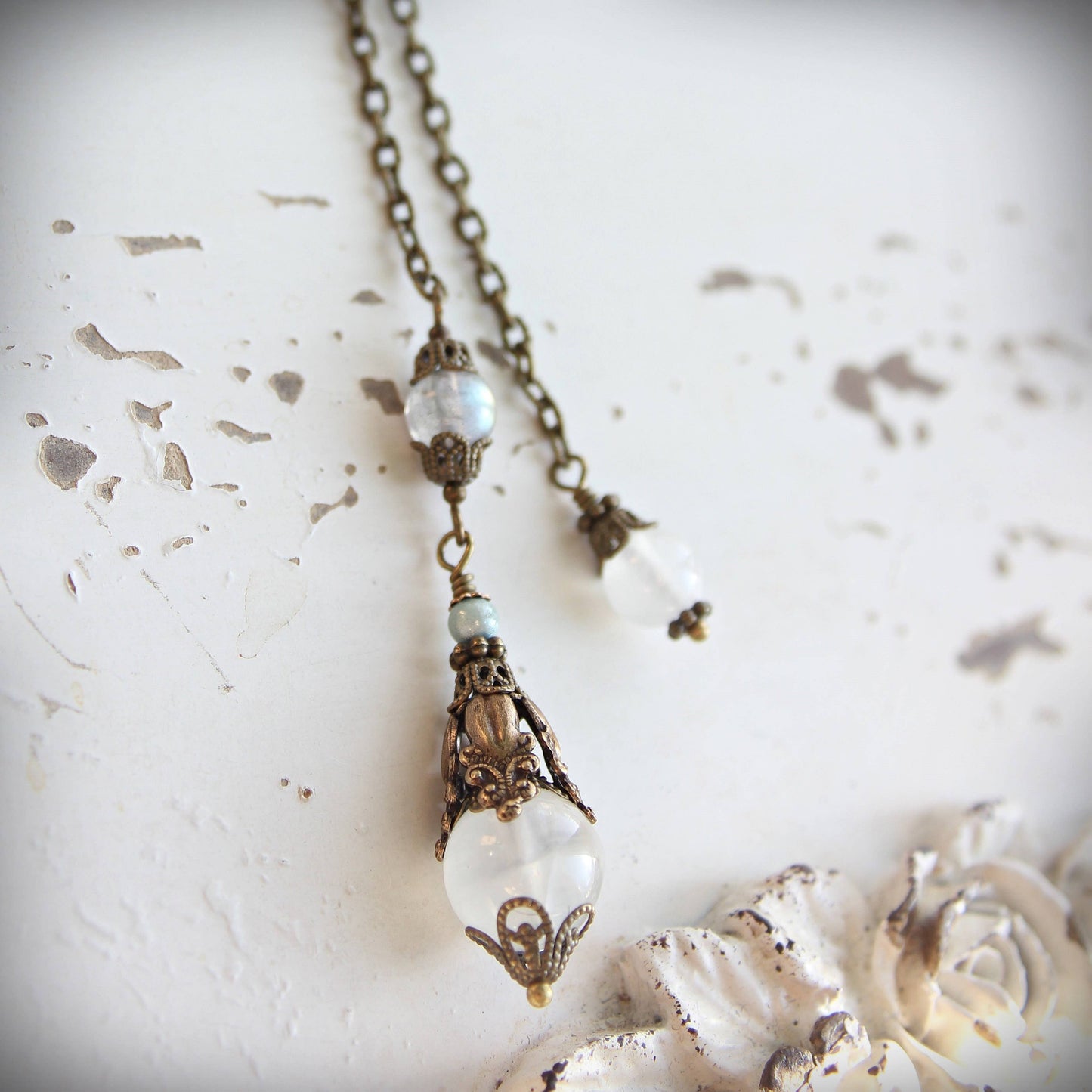 Circa 1890 - Selenite Vintage Style Jewelry Pendulum with Labradorite