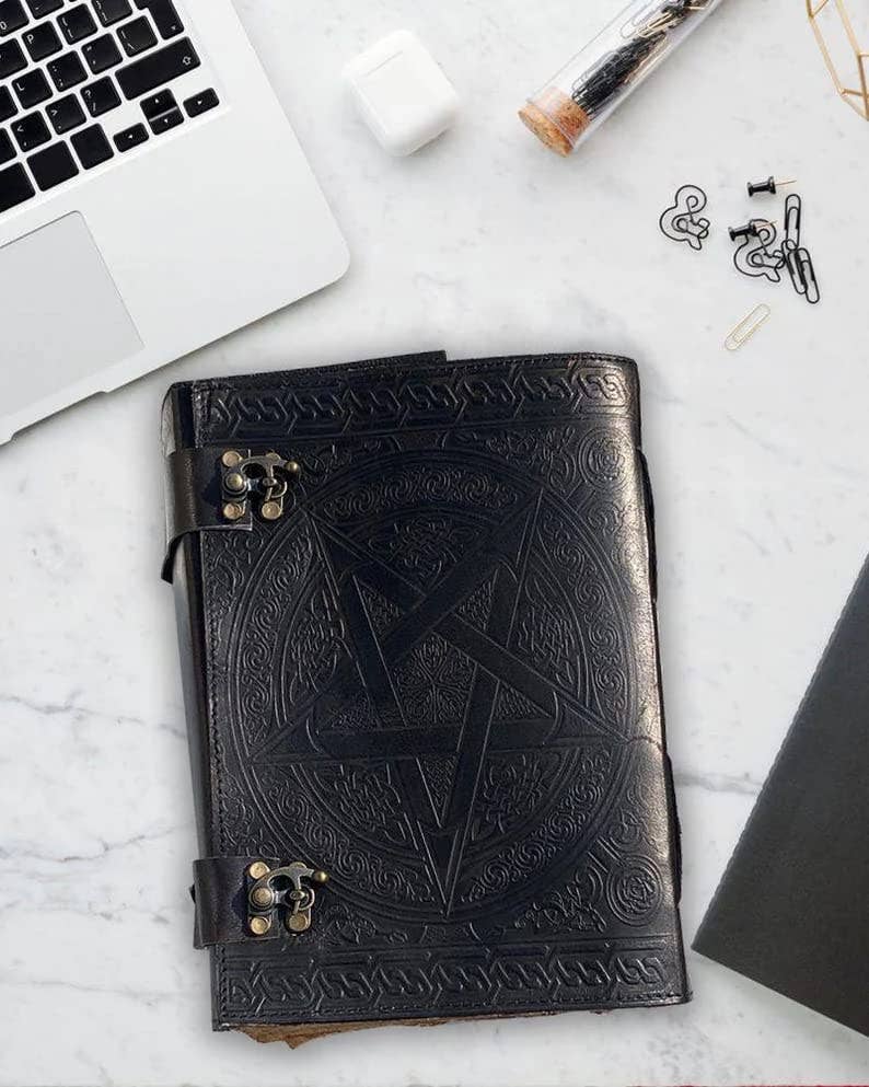 1000 Pages Large Black Pentagram Embossed Leather Journal | Writing Leather Notebook | Leather grimoire Book | Handmade Leather Journal Gift