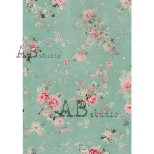 AB Studios : Shabby Chic Aqua and Roses Rice Paper A4