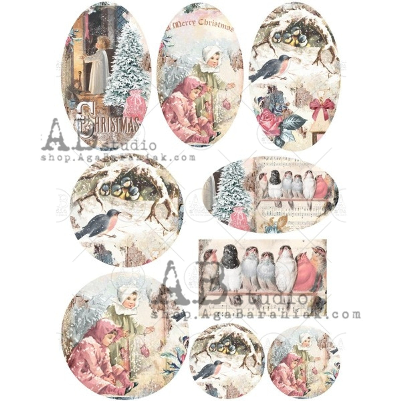 AB Studios : Vintage Birds and Children Ornament Scenes Rice Paper A4