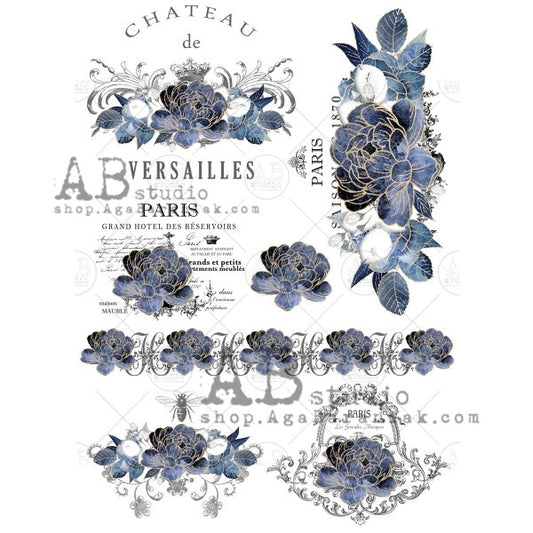 AB Studios - Blue Floral Parisian Labels A4 Rice Paper