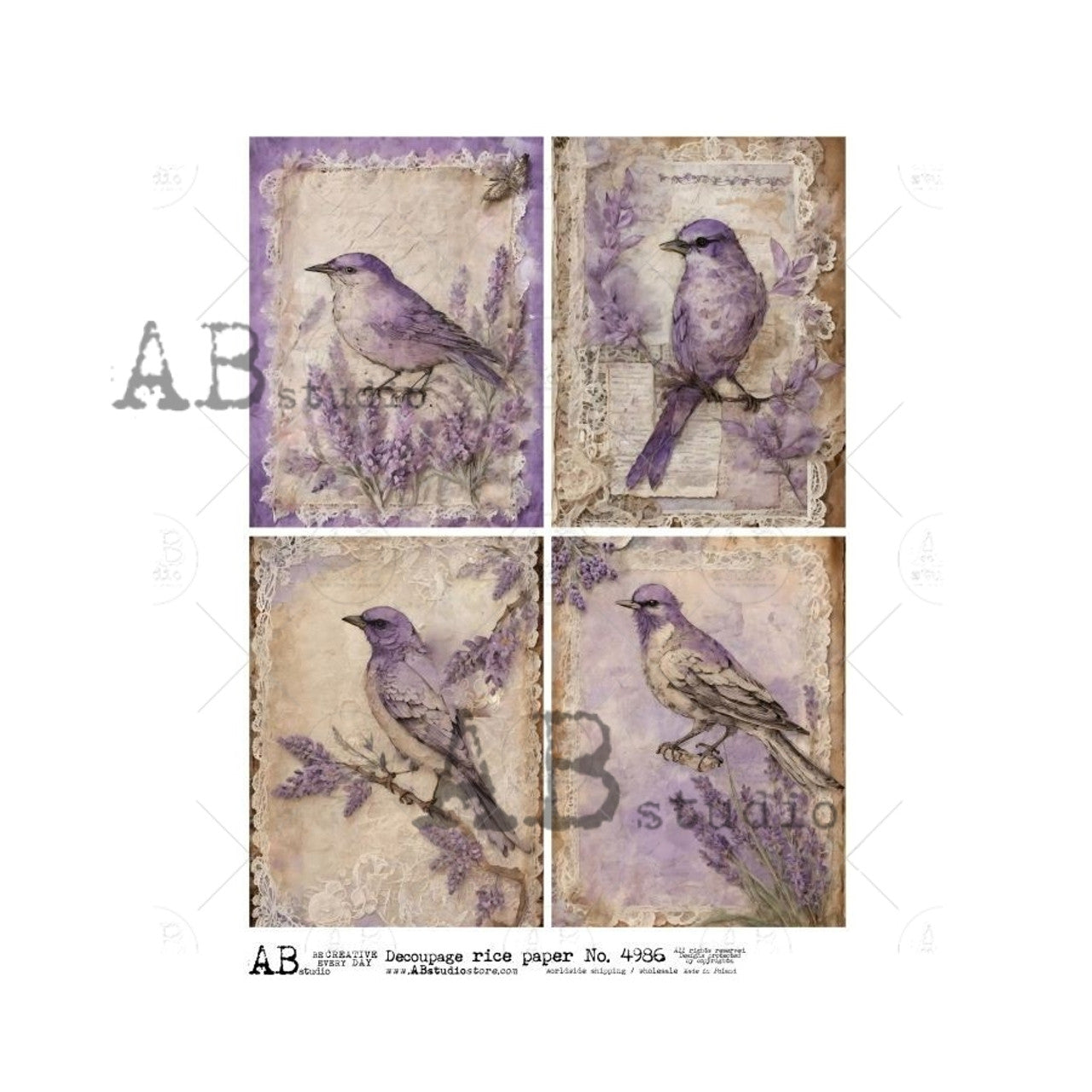 AB Studios : Four Pack Lavender Birds Rice Paper A4