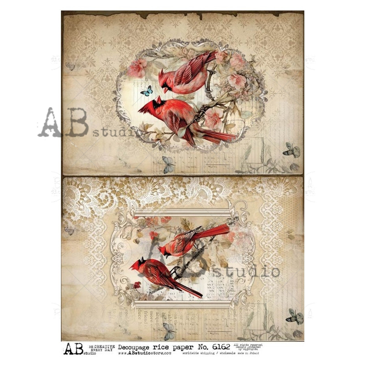 AB Studios : Cardinals on Antique Paper Rice Paper A4