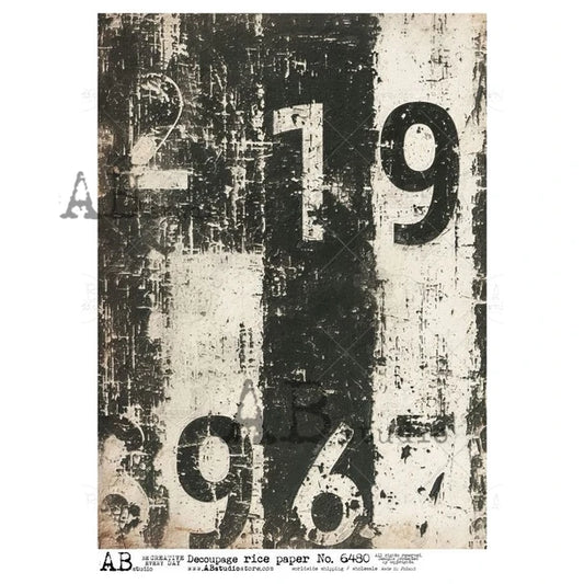 AB Studios - #6480 Black and White Grunge Numbers A4 Rice Paper