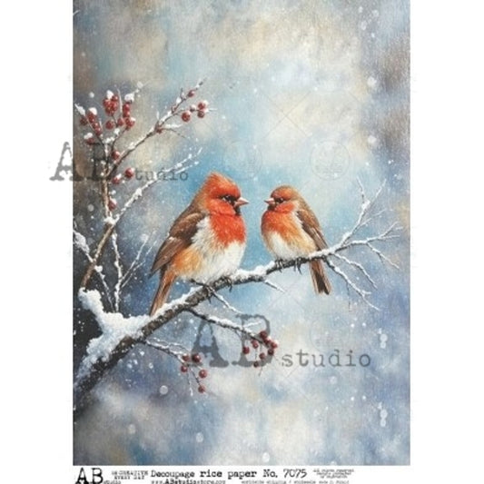 AB Studios - Winter Robins on Snowy Branch A4 Rice Paper