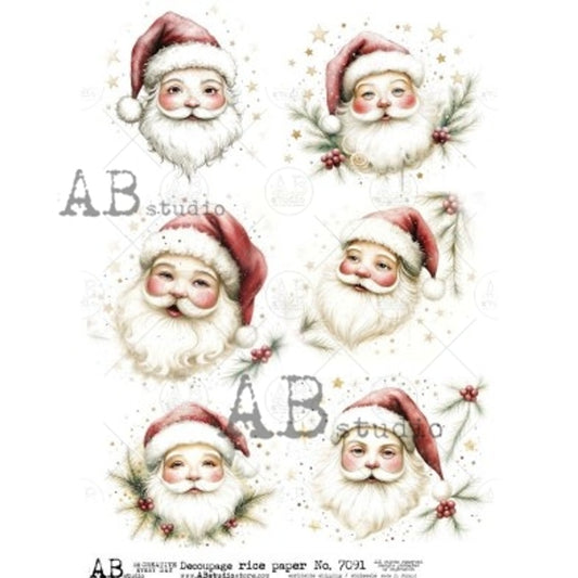 AB Studios - Vintage Santa Faces A4 Rice Paper