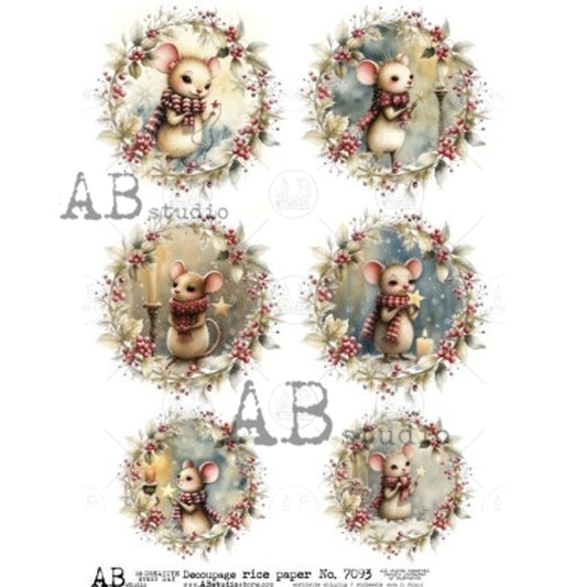 AB Studios - Christmas Mice in Wreaths A4 Rice Paper
