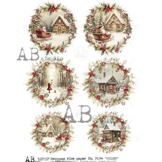 AB Studios - Winter Village Scenes in Wreaths A4 Rice Paper