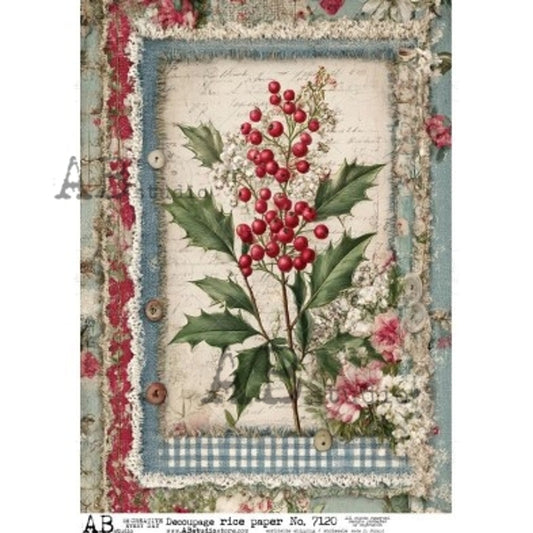 AB Studios - Holly & Flowers Vintage Frame A4 Rice Paper
