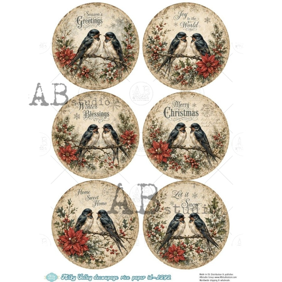 AB Studios - #1292 6 Bird Images A4 Rice Paper