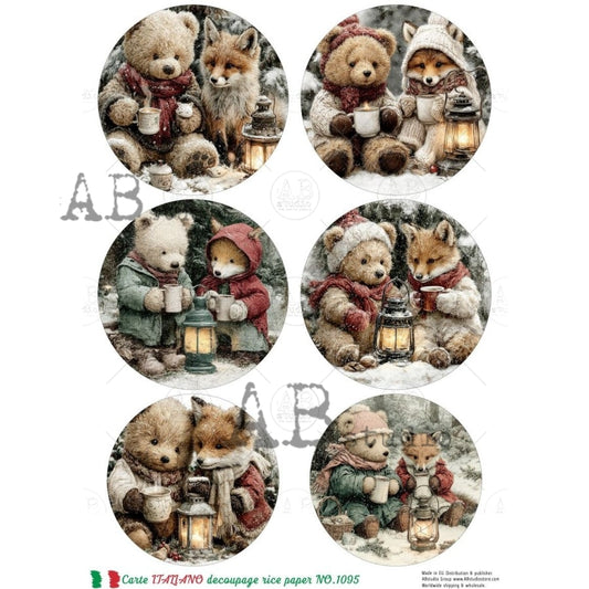 AB Studios - #1095 6 Christmas Teddy Bears & Friends A4 Rice Paper