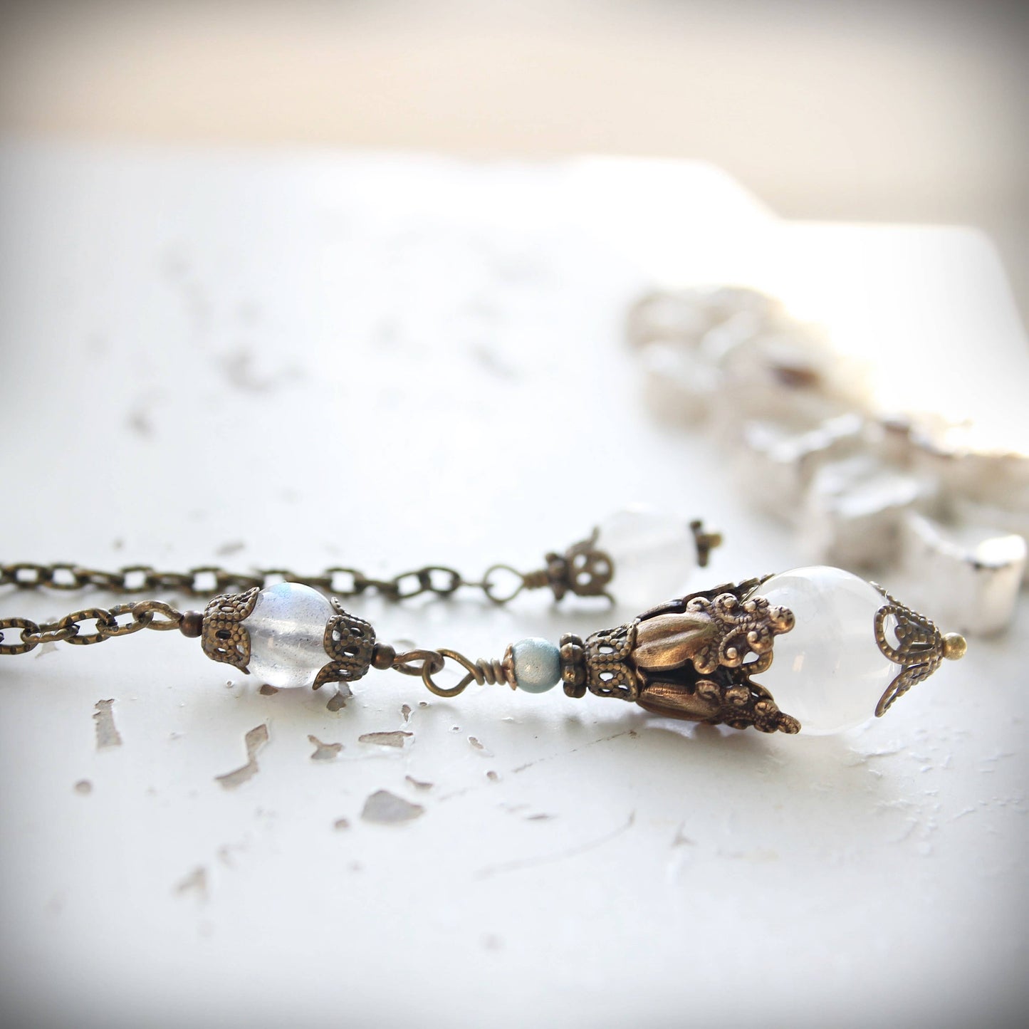 Circa 1890 - Selenite Vintage Style Jewelry Pendulum with Labradorite