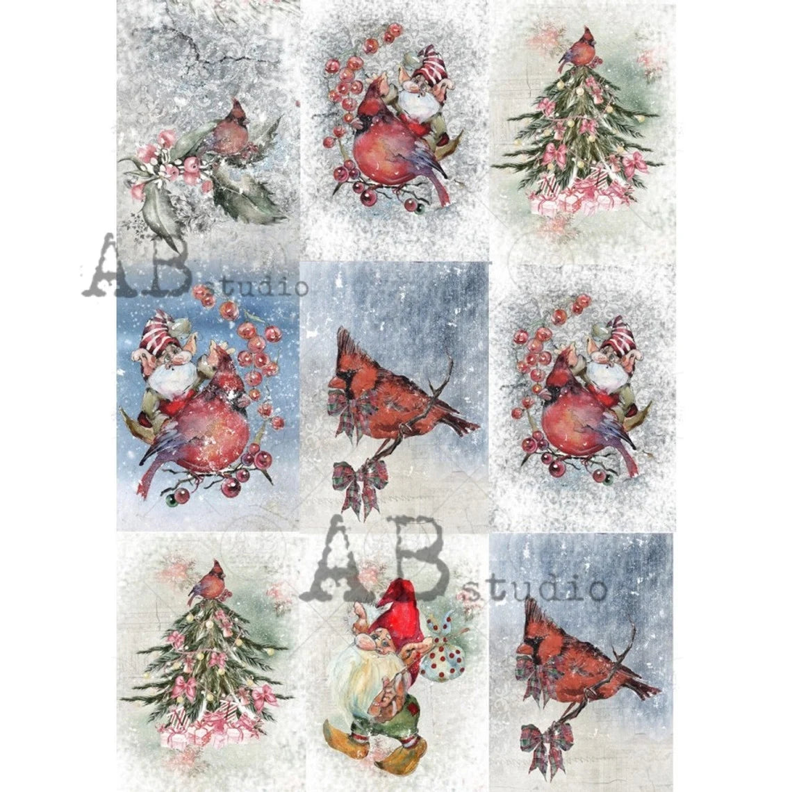 AB Studios : Rice paper Winter Cardinals 9 piece