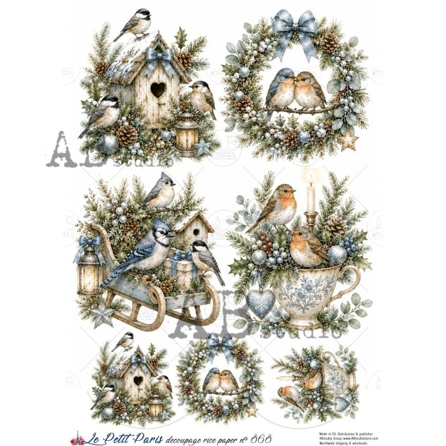 AB Studios - #868 6 Christmas Birds Images A4 Rice Paper