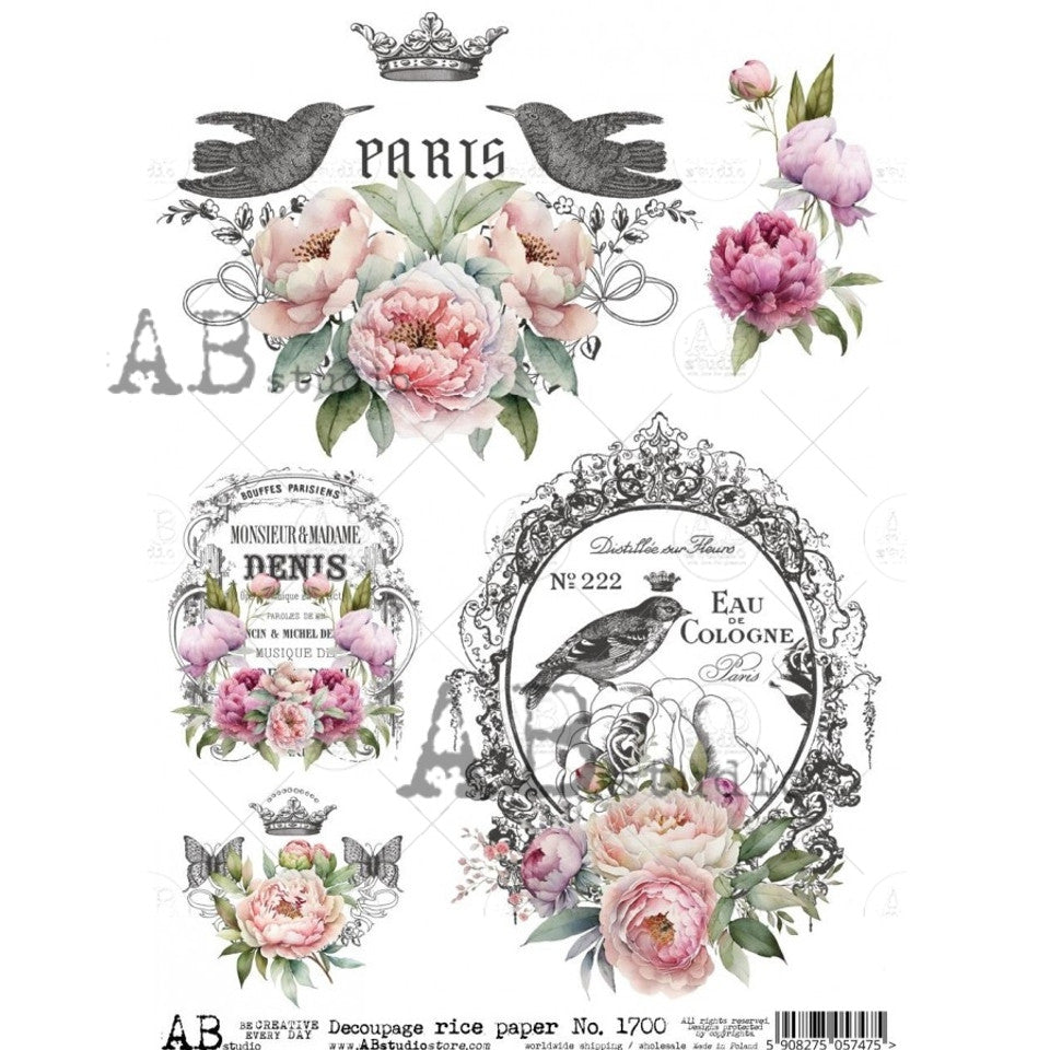 AB Studios : Parisian Bird Framed Florals Rice Paper A4