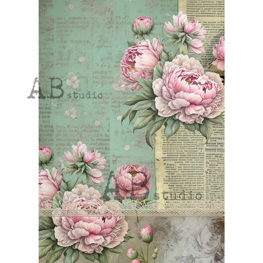 AB Studios : Green Letters and shabby Chic Roses Rice Paper A4